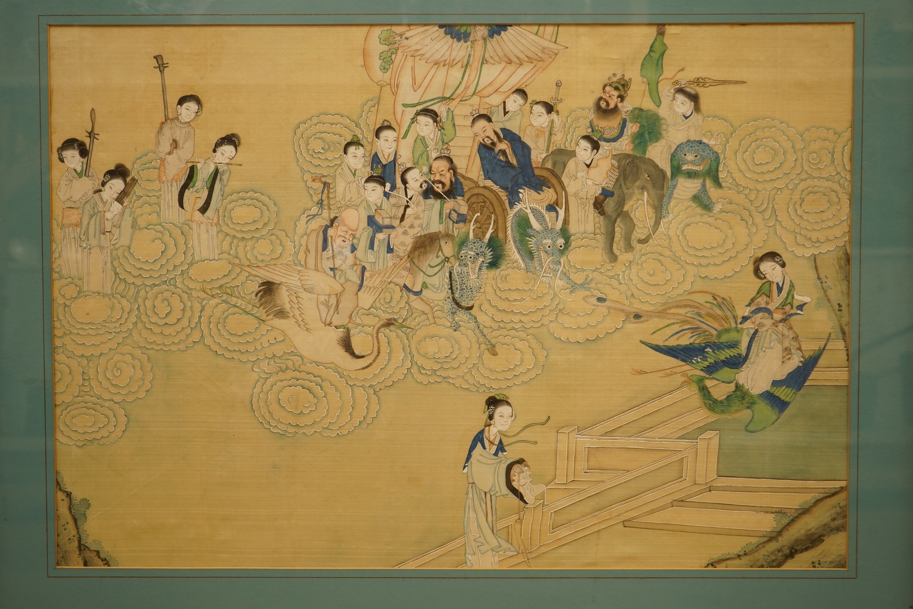 Chinese School (early 20th century), a pair of paintings on silk, Immortals in the heavens including Shou Lao and Xi Wangmu and figures by a lake, 35 x 53cm